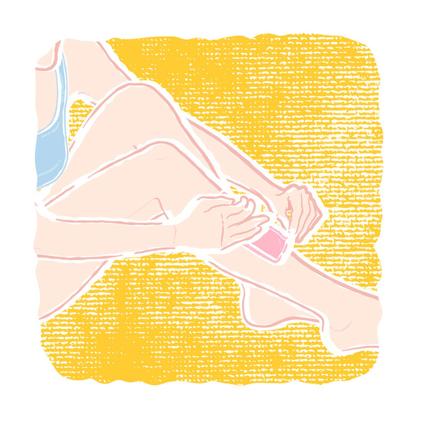 Vetor caminho ilustração de uma jovem mulher magra saudável que está encerando as pernas à mão com uma toalhita tecida, óleo e cera
. - Vetor, Imagem