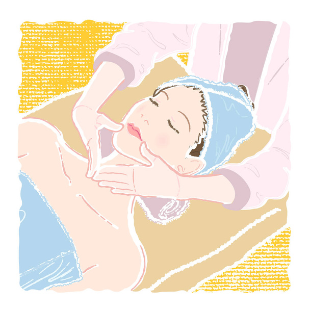 Pastel-colored illustration of a young woman in a bathrobe lying on her back and being massaged by a beautician on her commissures of the lips of the mouth to attenuate and lift wrinkles. - Vector, Image