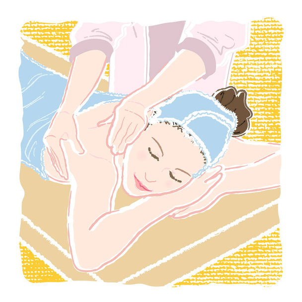 Ilustración en color pastel de una joven con los ojos cerrados en una bata de baño acostada sobre su estómago y siendo masajeada por una esteticista en la espalda y los hombros para relajarse y desestrenar.
. - Vector, Imagen