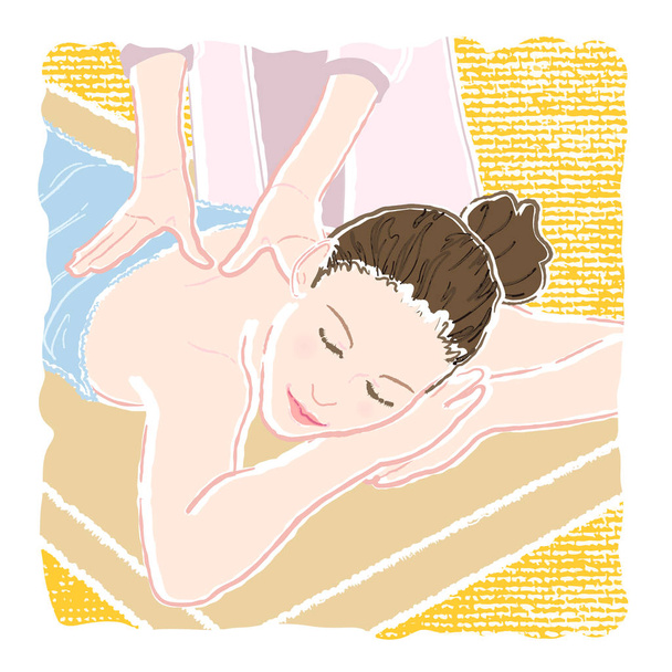 Pasztell színű illusztráció: egy fiatal nő, csukott szemmel feküdt a gyomrát és a kozmetikus, a hát és a váll pihenni, hogy masszírozzák fürdőköpeny- és stresszoldó program. - Vektor, kép