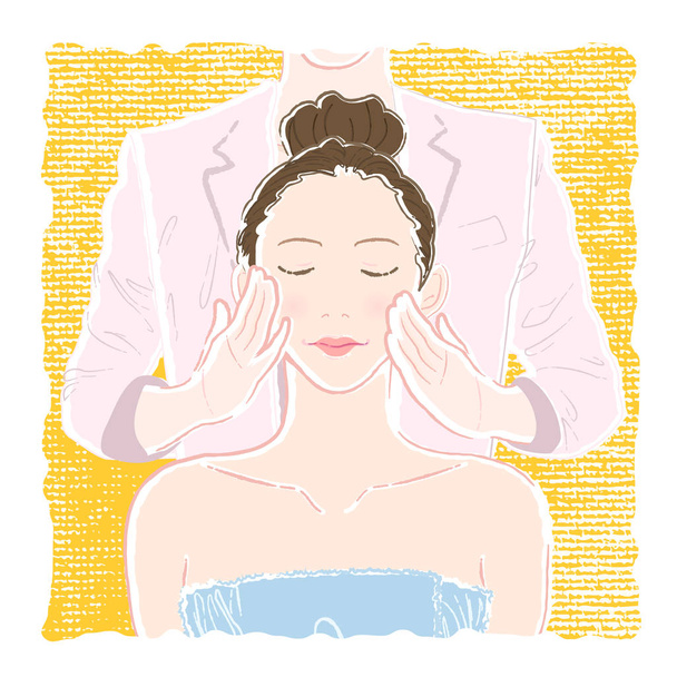 Pastellfarbene Illustration einer jungen Frau im Bademantel, die auf dem Rücken liegt und von einer Kosmetikerin auf ihren Wangen massiert wird, um Falten zu lindern und zu straffen. - Vektor, Bild