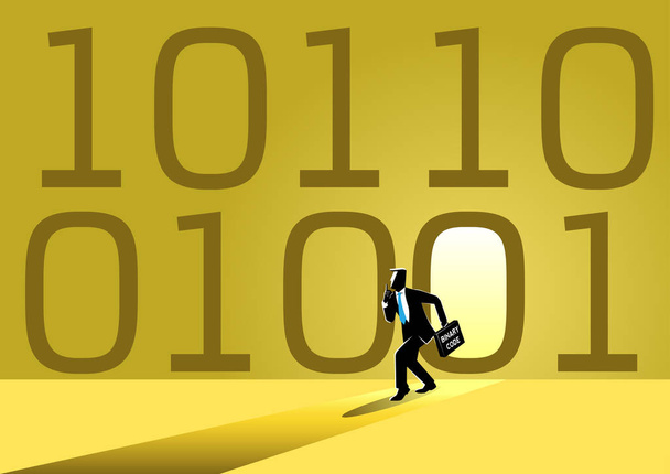An illustration of businessman sneaking out and steal binary code - Vector, Image