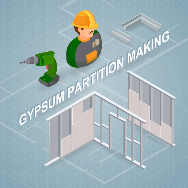 Gypsum partition making. Building services. Isometric interior repairs concept. Worker, equipment and items isometric icon. Builder in uniform, professional tool. Vector flat 3d illustration. - Vector, Image