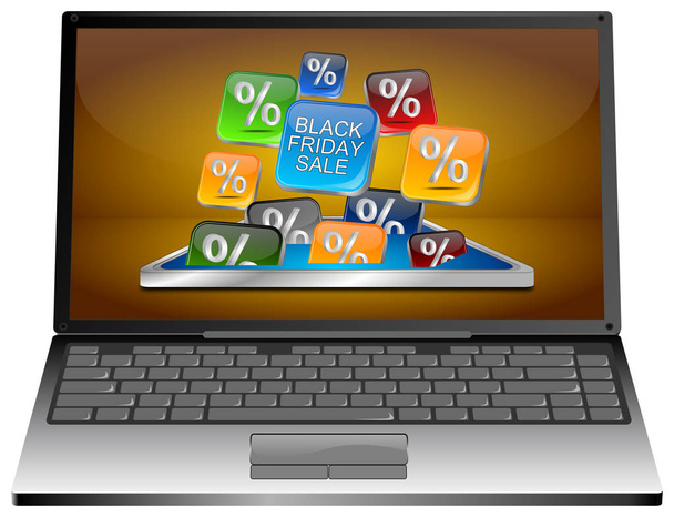Laptop-Computer mit Black Friday Sale auf orangefarbenem Desktop - 3D-Illustration  - Foto, Bild