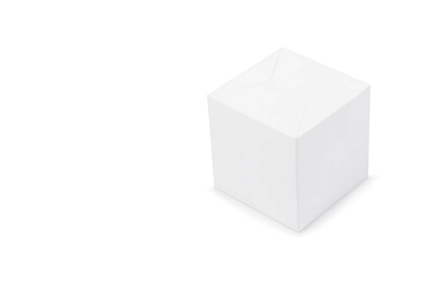 右側の白い背景の上の白い段ボール箱。ボックスのモックアップ。正方形の白いボックスの写真。下のビュー。クローズド ボックス。逆さま. - 写真・画像