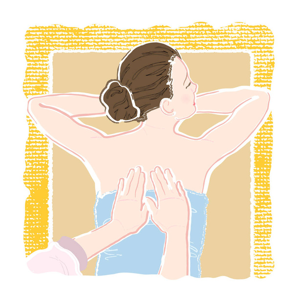 Pastel gekleurde afbeelding van een jonge vrouw met gesloten ogen in een badjas liggen op haar buik en wordt gemasseerd door een schoonheidsspecialiste op haar rug en schouders te ontspannen en ontstressen. - Vector, afbeelding