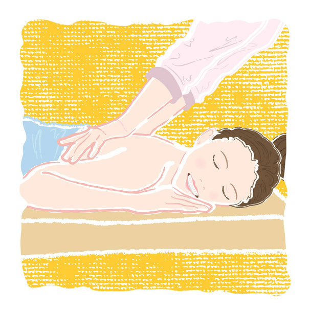 Ilustração de cor pastel de uma jovem mulher sorridente com os olhos fechados em um roupão de banho deitado em seu estômago e sendo massageado por um esteticista em suas costas e ombros para relaxar e destress
. - Vetor, Imagem