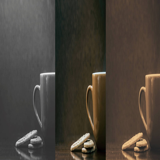 Kawa kolaż z plików cookie ciemne brązowe tło tekstura, latte cappuccino - Zdjęcie, obraz