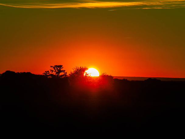Pôr do sol no pasto com céu romântico com chemtrails e brilho da lente
 - Foto, Imagem