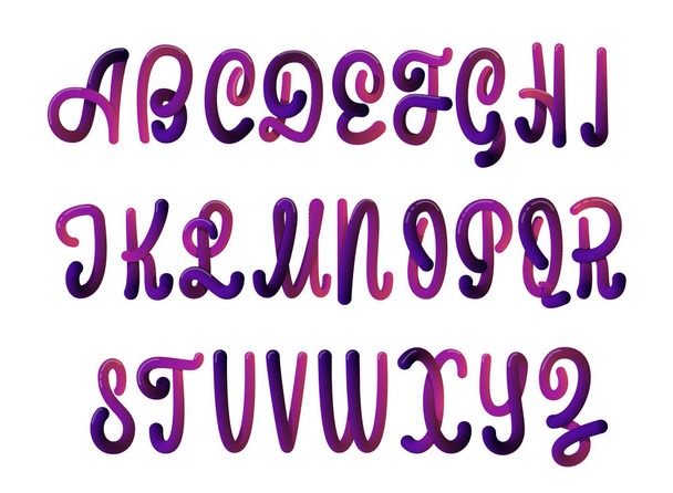 Schriftart mit Buchstaben. Hochglanz-Alphabet. 3D-Darstellung von Blasenschrift mit Glanz und Schatten. Typografie-Vektorillustration. - Vektor, Bild