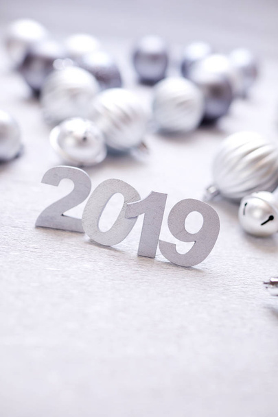 new year decorative numerals 2019 with Christmas silver balls - Photo, Image