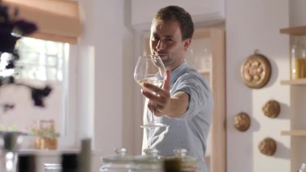 Man toasting to the camera with glass of white wine, young man drinks wine from the glass, tasting of wines, home party, wine after dinner, sunny summer day, 4k UHD slow motion - Felvétel, videó