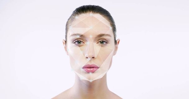 caucasian woman face and hologram geometric shapes  - Φωτογραφία, εικόνα