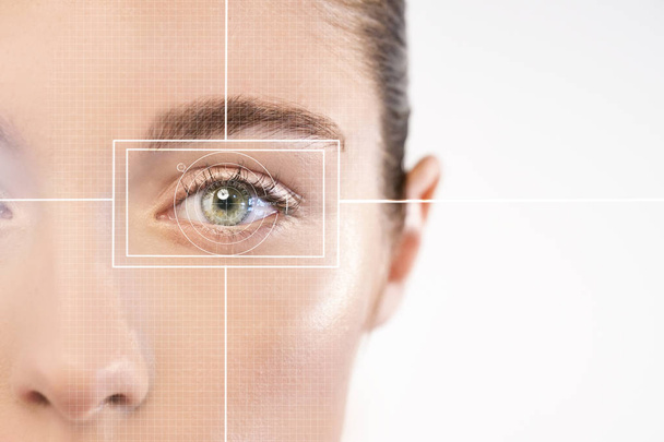 partial view of caucasian woman face, hologram technological scanning of face  - Fotografie, Obrázek