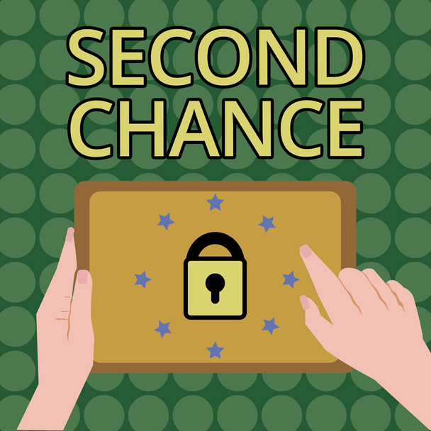 Käsiala tekstiä kirjallisesti Second Chance. Käsite, joka tarkoittaa, että annetaan uusi mahdollisuus harjoittaa liiketoimintaa
 - Valokuva, kuva