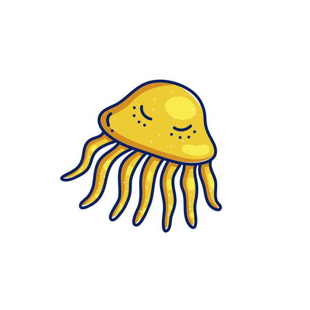 Moře pod vodou zvířecí nálepku ilustrace v karikatuře stylu doodle s obrysem. Žlutý medúzy - Vektor, obrázek