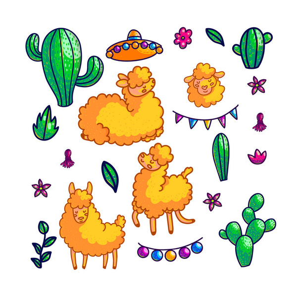 Llamas characters hand drawn vector color illustrations set. Cartoon lamas, cactus, mexican hat, festive decorations. Alpaca, sheep doodle cliparts collection. Mexico culture design elements - Vector, Image