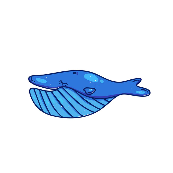 Tengeri víz alatti állati matrica ábra, karikatúra stílus vázlatot doodle. Kék bálna - Vektor, kép
