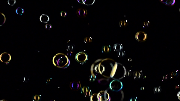 Las burbujas de jabón vuelan y estallan en el aire. En cámara lenta. Fondos negros
 - Metraje, vídeo