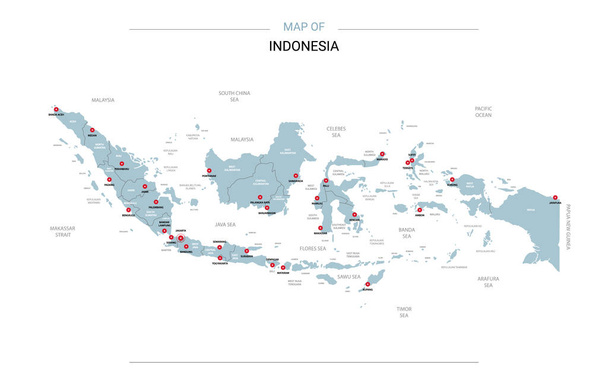 Carte vectorielle Indonésie. Modèle modifiable avec régions, villes, broches rouges et surface bleue sur fond blanc
.  - Vecteur, image