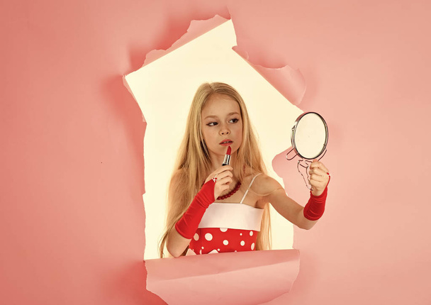 fashion doll girl with lipstick makeup in pink studio - Fotó, kép