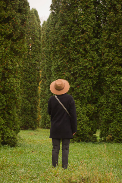 woman in hat walking alone in the beautiful autumn park - Fotoğraf, Görsel