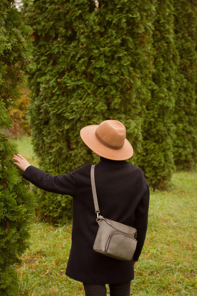 kadın şapka yalnız güzel sonbahar parkta yürüyüş - Fotoğraf, Görsel