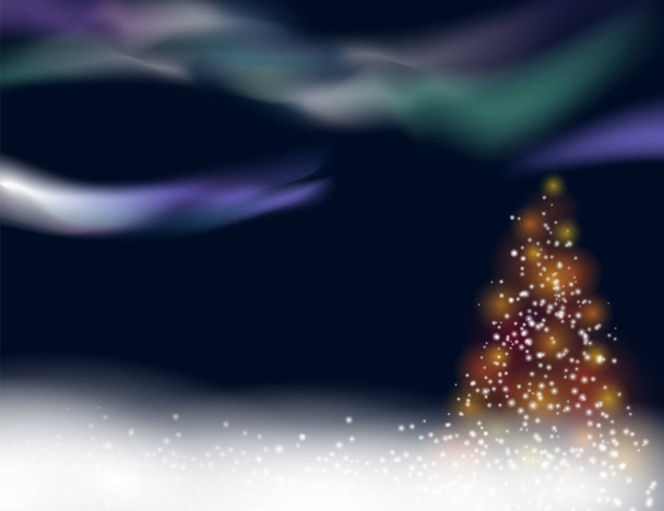 snowy winter christmas background with illuminated christmas tree and northern lights - Vector, Image