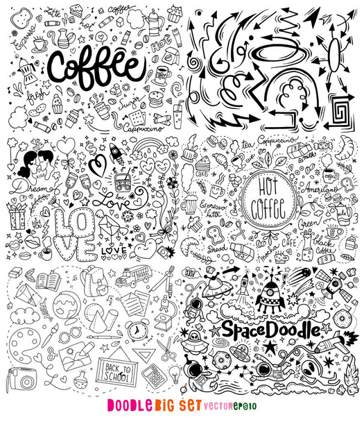 Büyük ayarla, Noel doodle modern, seviyorum Sevgililer, bilim, okul, parti, yemek alanı, başa Kahvaltı, kahve, ok, el Doodle çizilmiş vektör çizim, çizim, düz Desig Illustrator çizgi araçları - Vektör, Görsel