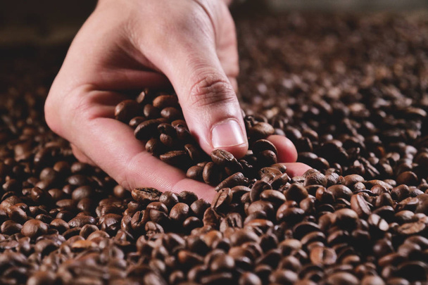 Close-up of a hand touching a handful of coffee beans to smell and consistency. Good quality coffee still hot and steaming. Concept of: relaxation, aroma and perfumes - Photo, Image