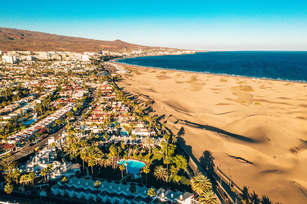 Aerial Maspalomas dunes view on Gran Canaria island near famous RIU hotel. - Fotó, kép