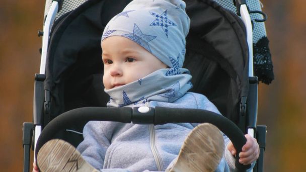 A little baby boy sitting in the baby carriage - Photo, Image