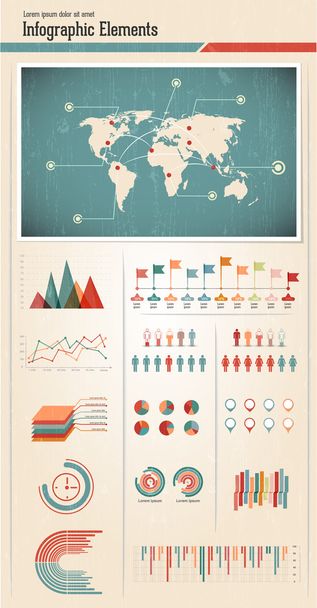 Conjunto de infográficos retrô. Mapa Mundial e Gráficos de Informação
 - Vetor, Imagem