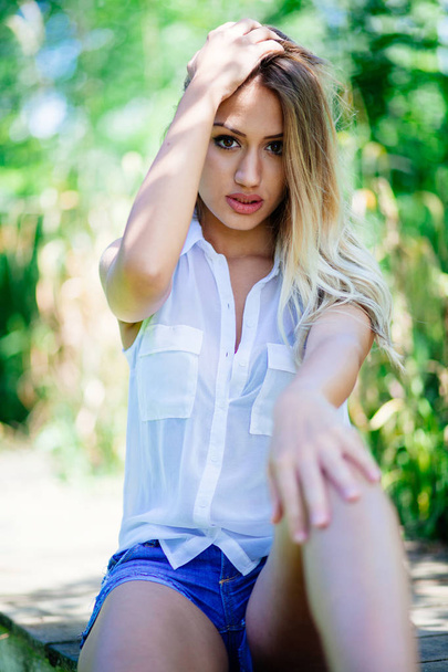 Close up, portrait of a young beautiful blond girl   - 写真・画像