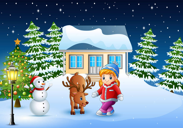 Cute little girl with a deer in front of snowy house in christmas day - Vector, Image
