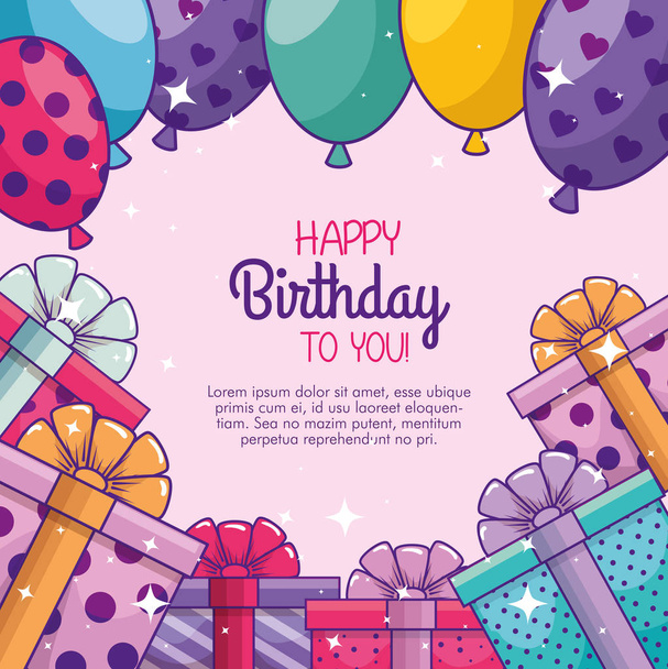 happy birthday celebration with balloons and presents - Vector, Image
