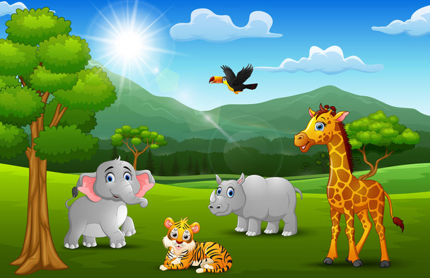 Мультфильм дикое животное в джунглях на фоне гор
 - Вектор,изображение