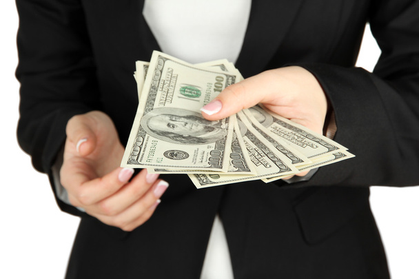 Woman recounts dollars, close up - Foto, Bild