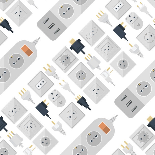 Electric plugs stack outlet illustration energy socket electrical outlets plugs european and usa, asia appliance interior icon. Wire cable cord plug-connection electrical outlets plugs double american - Vector, Image