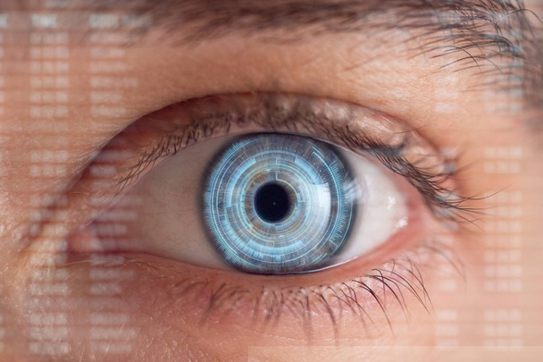 partial view of man eye with futuristic vision, scanning research - 写真・画像