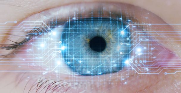 partial view of human eye with futuristic vision, scientific research and cyberspace, virtual identification - Фото, изображение