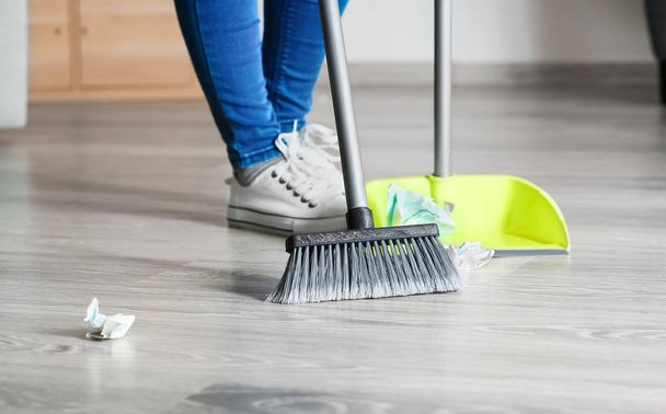 Woman cleaning floor at home - Photo, Image