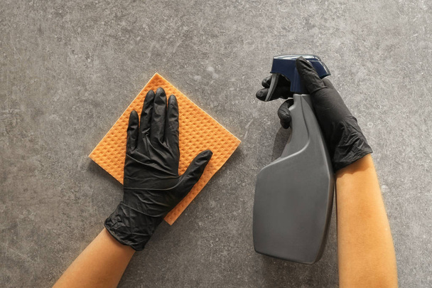 Woman cleaning floor with detergent, top view - Foto, Imagem