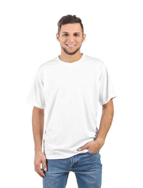 Young man in stylish t-shirt on white background - Фото, зображення