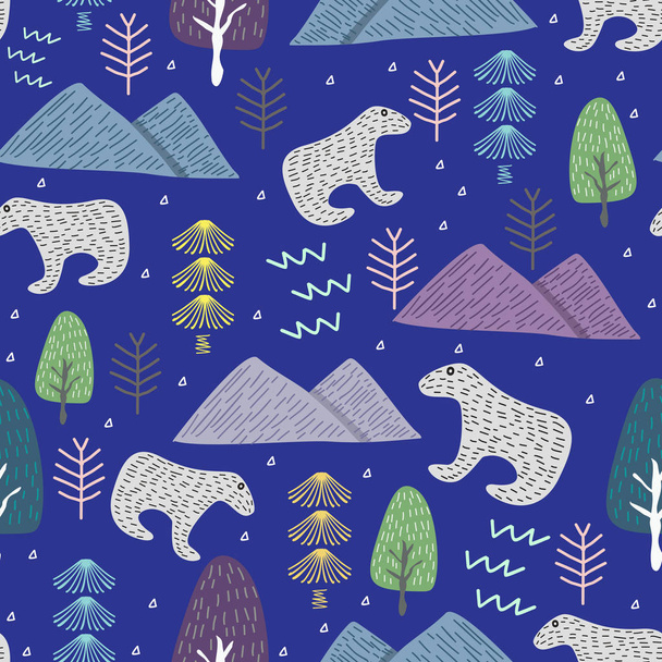 Funny christmas pattern with polar beer and winter forest. Vector illustration trendy for wrapping wallpaper and textile fashion read for print. - Wektor, obraz