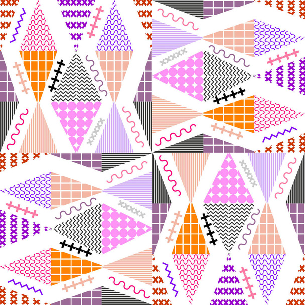Memphis geometric abstract pattern. Seamless trendy popular triangle colorful 60s,70s,80s,90s style. Vector illustration for fashion textile print and wallpaper background. - Vector, Image