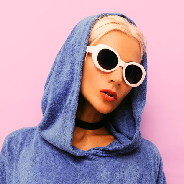 Freak Girl. Urban minimal style. Hoody and fashionable sunglasses. Chocker trend - Photo, image