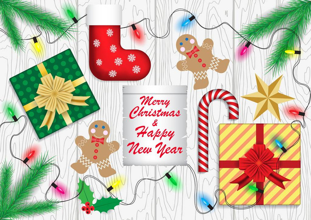 Joulu ja uusi vuosi tervehdys, vektori kuvitus, Joulun evästeet, kuusen oksat, Garland, tähti, sauva, lahjat, Kengät, postikortti, banneri, juliste
 - Vektori, kuva