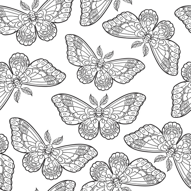 Naadloze patroon met vlinders. Gestileerde moth in lijn kunststijl. Zwart-wit vectorillustratie. - Vector, afbeelding
