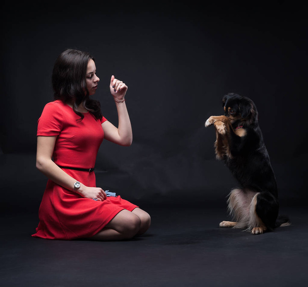 Meninas em vestidos vermelhos com cães no backgroun preto
 - Foto, Imagem